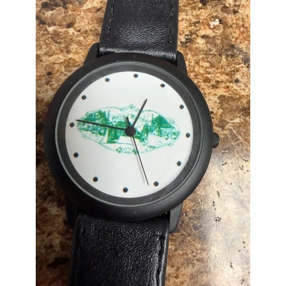 Vintage Promotional Souvenir Watch Black Leather Strap Scenic Building Dial